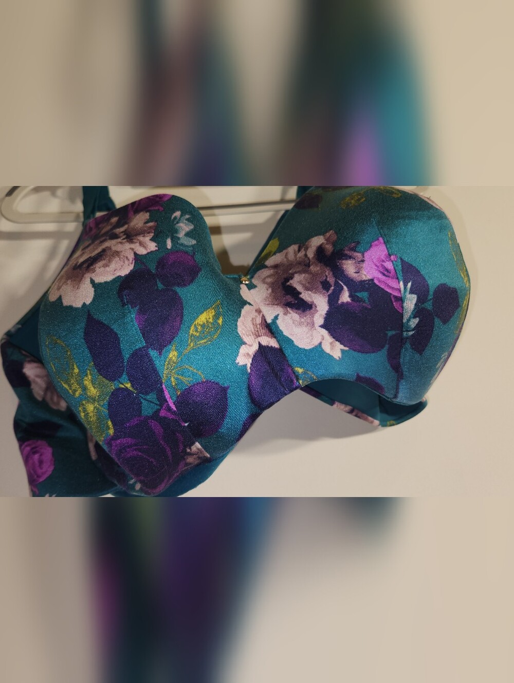 Teal Floral Padded Bra with Purple & Pink Roses Cacique 44DDD